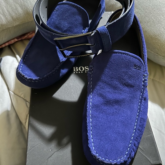 Blue Suede Hugo Boss Drimmo Moccasins 8 w/Matching Hugo Boss Calindo Belt 34 - Picture 3 of 8
